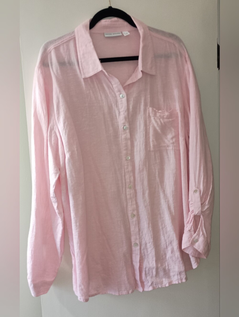 Susan Graver Light Pink Linen Button-Up Shirt - Tab Long Sleeve